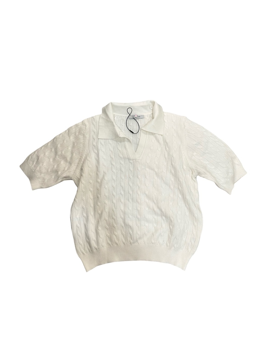 NWOT Gab & Kate Women’s Large White Cable Knit Polo Short Sleeve Sweater